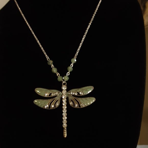 Hand Crafted Jewelry - Hand Crafted Necklace Enamel Dragonfly with Rhinestones Green